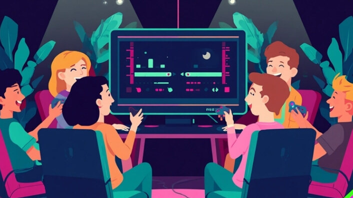 Ilustracja: grupa ludzi zgaduje grę retro przed ekranem