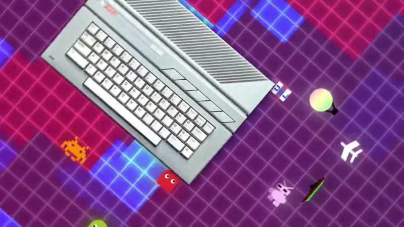 Retro grafika w stylu synthwave — komputer Atari i sprite'y gier